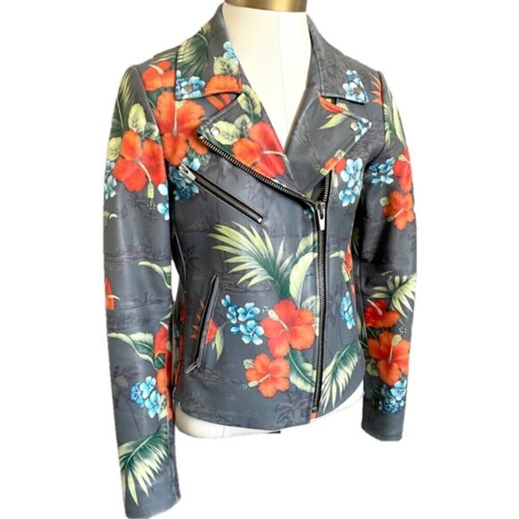 Veda Gray Tropical Print Leather Biker Jacket - Small - Picture 4 of 12